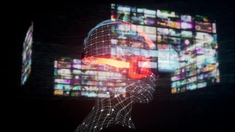 Vr glasses on human head with user interface graphics in holographic project Stock Footage 260624762