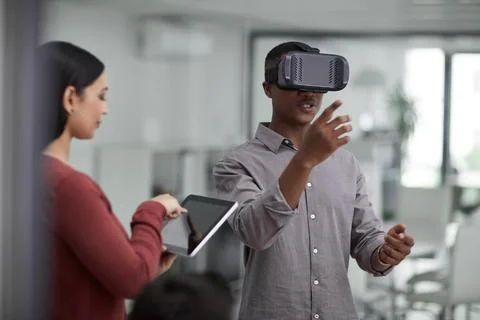 VR, glasses or people with tablet screen in office, testing or demo evaluat.. Stock Photos