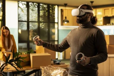 VR glasses tech, layout options for redecoration, preview 3D interior design Stock Photos