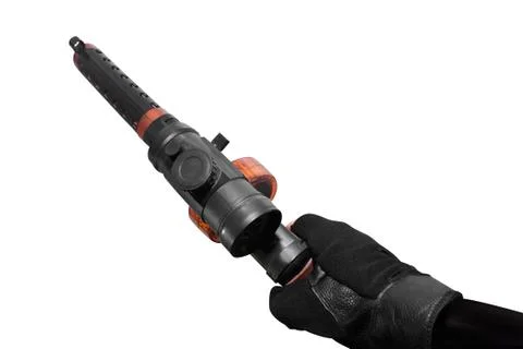 Vr hand holding automatic upper view gun. Stock Photos