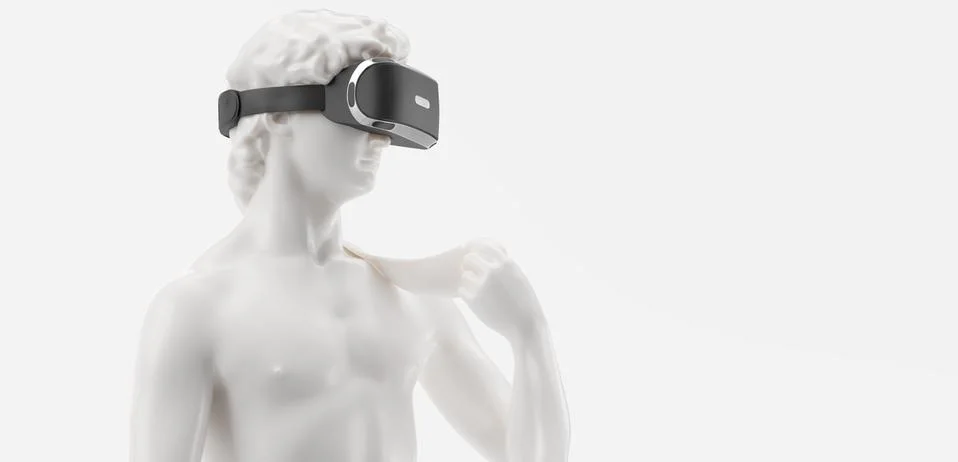 VR headset. 3d render of the statue of David man wearing virtual reality glasses Stock Illustration