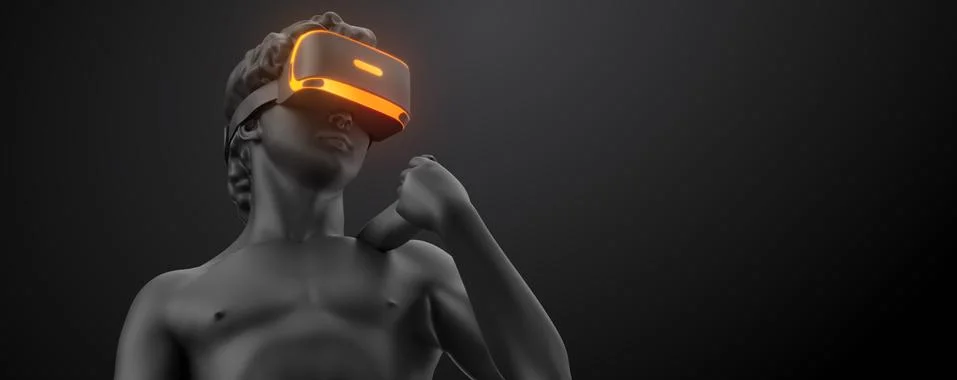 VR headset. 3d render of the statue of David man wearing virtual reality glasses Stock Illustration
