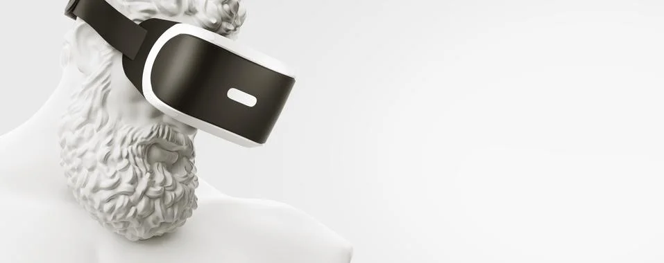 VR headset. 3d of the statue of Hercules man wearing virtual reality glasses Stock Illustration