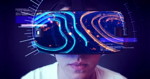 VR headset displaying animated Earth with bright global data lines. Stock Footage 322125360