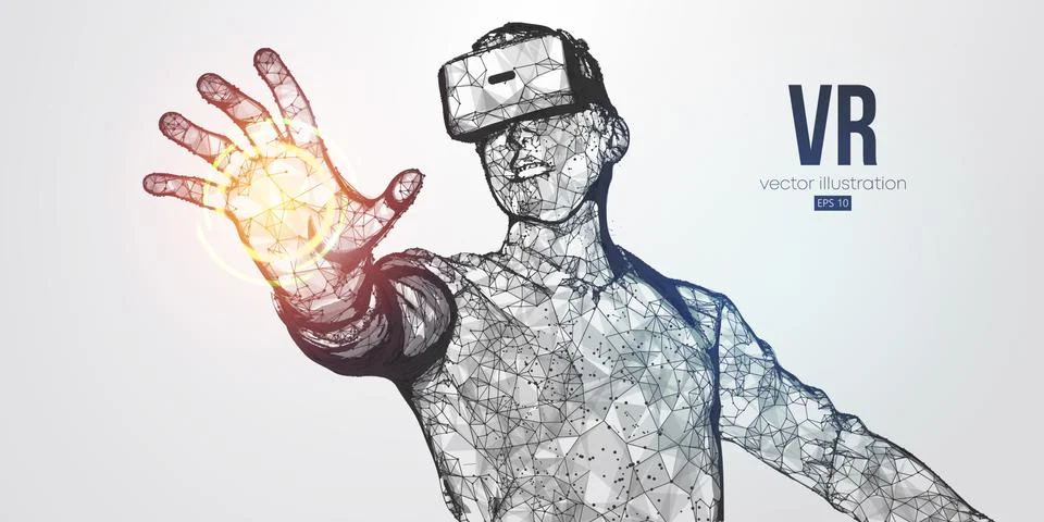 VR headset holographic low poly. Polygonal man wearing virtual reality glasses. Stock Illustration