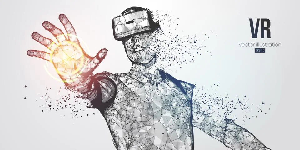 VR headset holographic low poly. Polygonal man wearing virtual reality glasses. Stock Illustration