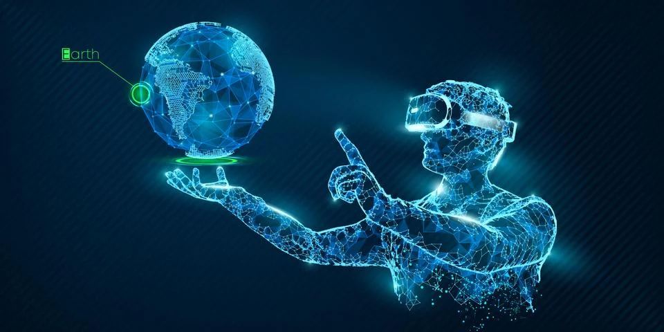VR headset holographic wireframe vector planet Stock Illustration