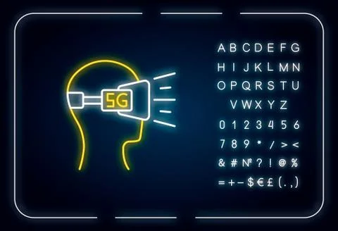 VR headset neon light icon. Virtual reality glasses. 5G cellular network. Wir Illustrazione stock