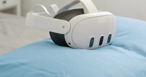 VR headset on pillow. Interacting with Augmented Reality lying on bed. Stock Footage 279682279