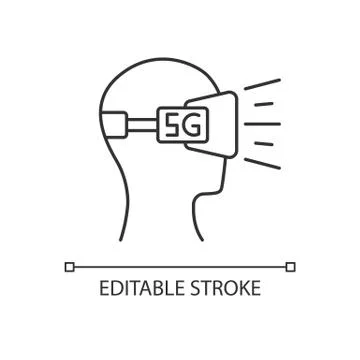 VR headset pixel perfect linear icon. Virtual reality glasses. 5G cellular mo Stock Illustration