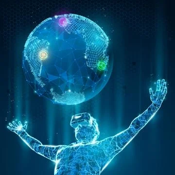VR headset. Polygonal man wearing virtual reality glasses. VR games playing Stock Illustration