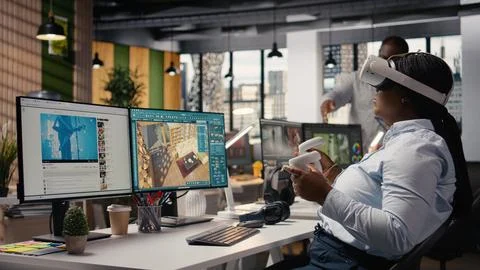 VR headset simulation, architectural floor plan, designing apartment layout Stock Photos