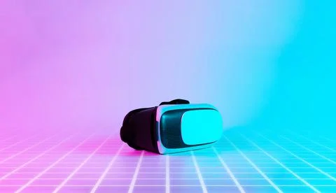 VR helmet virtual reality. 3d digital glasses on futuristic neon tech backgro Stock Photos