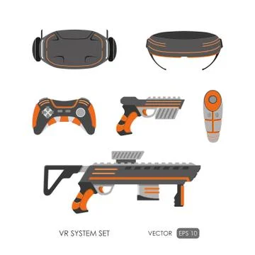 VR items and weapons. Gaming icons. Virtual reality helmet Stock Illustration