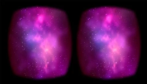 VR lens shape frame. View from virtual reality with galaxy Stock Illustration