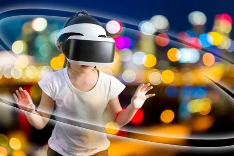 VR or Virtual Reality Concept Illustrated by Asian Child Wearing VR Headset.. Stock Photos