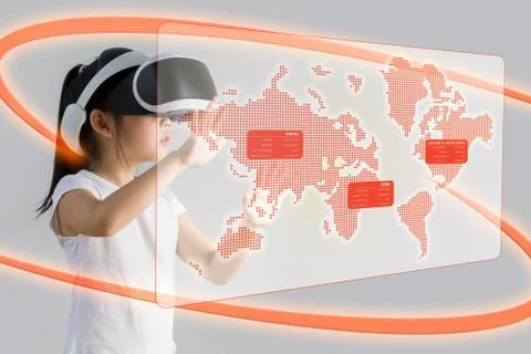 VR or Virtual Reality for Education Concept Illustrated by Asian Child Wear.. Stock Photos