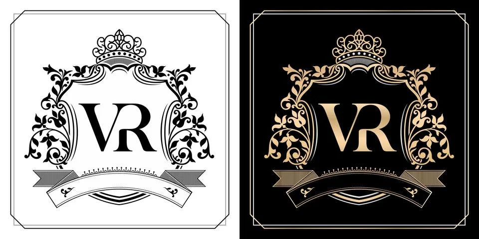 VR royal emblem with crown, initial letter and graphic name Stock Illustration