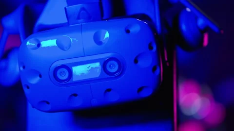 VR set in a gaming studio with blue pink... | Stock Video | Pond5