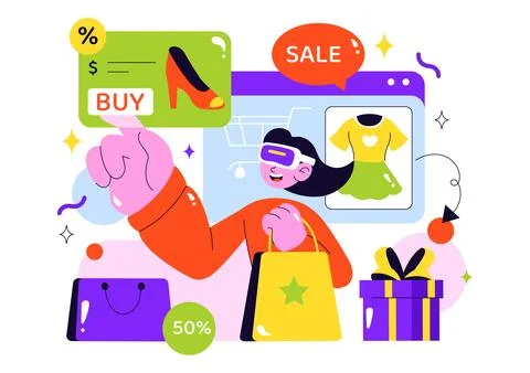 VR Shopping Vector Illustration featuring People Using Virtual Reality Digi.. Stock Illustration