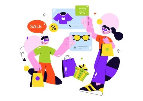 VR Shopping Vector Illustration featuring People Using Virtual Reality Digi.. Stock Illustration