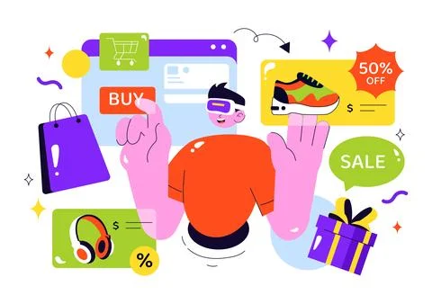 VR Shopping Vector Illustration featuring People Using Virtual Reality Digi.. Stock Illustration
