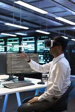 VR, simulation and engineer in data center with headset for testing Stock Photos