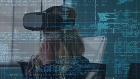 VR tech interface loading code overlays, woman with headset adjusting fit, Stock Footage 319853279