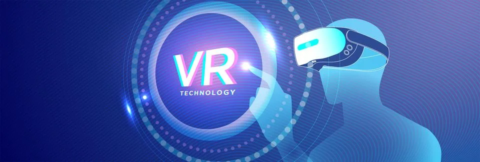 VR Technology concept with a person using virtual reality headset, interact.. Stock Illustration