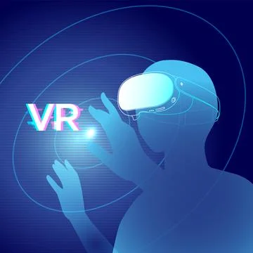 VR Technology concept with a person using virtual reality headset, interact.. Stock Illustration