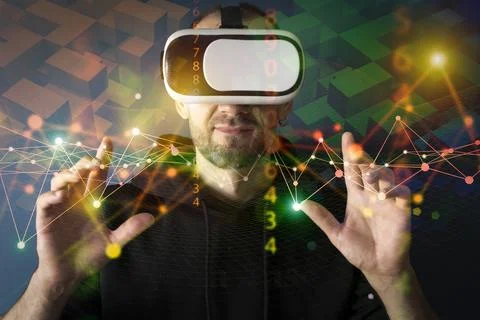 VR technology digital background. Man uses virtual reality glasses and interacts Stock Photos