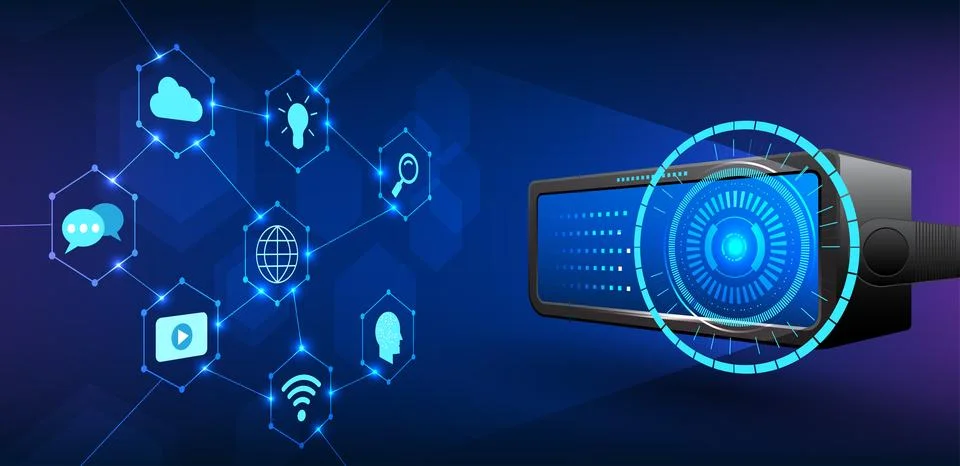 VR technology. VR glasses with technology screen display looking at icons. .. 库存插图