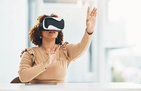 VR, touching and woman with glasses for a simulation, digital project and system Stock Photos
