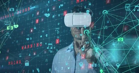 VR user encounters cyber attack in global network concept image. Stock Photos
