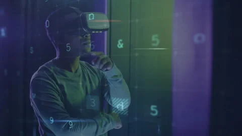 VR user raising hand initiating scan detecting malware disabling firewall Stock Footage 313725006