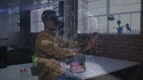 VR user reacting to code lines appearing and shaping rotating tech data globe Stock Footage 311900800