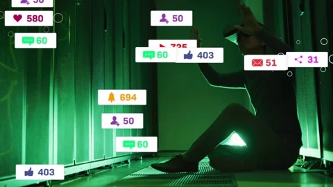 VR user testing social alerts UI on headset start in server aisle, overlays Stock Footage 332577554