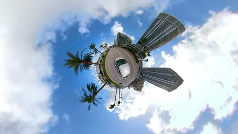 VR video of a tiny planet car driving on a road Video stock 85773606