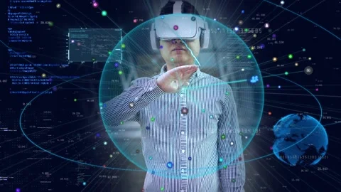 Vr virtual reality 3D demonstration of human computer interaction of smart g Stock Footage 154440968