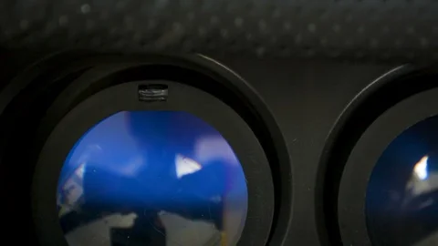 VR virtual reality glasses goggles inside closeup macro shot watching 3D 360 스톡 동영상 93643072