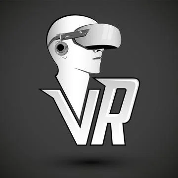 VR Virtual reality icon with man wearing headset Stock Illustration