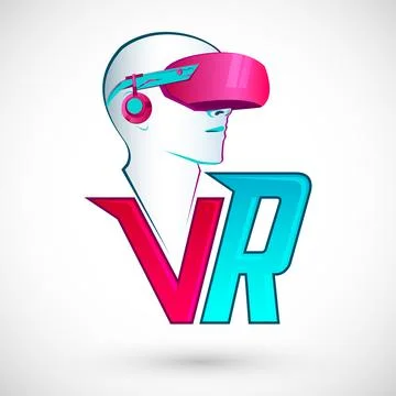 VR Virtual reality icon with man wearing headset Stock Illustration