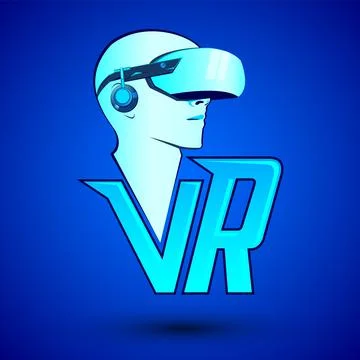 VR Virtual reality icon with man wearing headset Stock Illustration