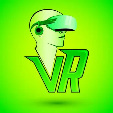 VR Virtual reality icon with man wearing headset Stock Illustration
