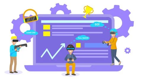 VR virtual reality players vector illustration. Visual simulation gaming little Illustrazione stock