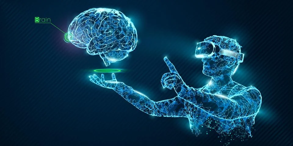 VR wireframe headset vector man with brain banner Stock Illustration