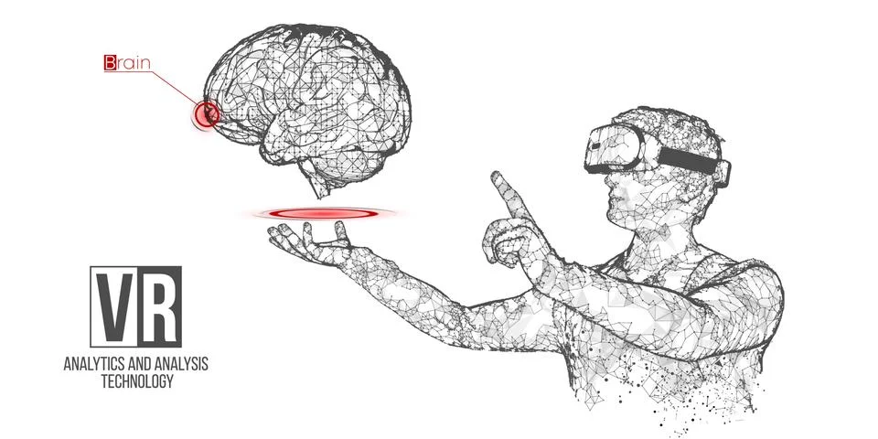 VR wireframe headset vector man with brain banner Stock Illustration