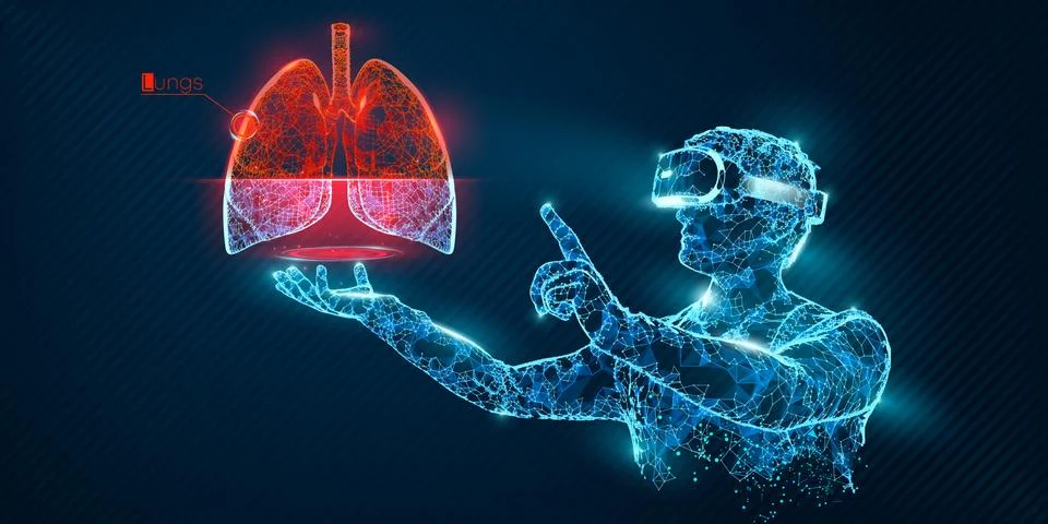VR wireframe headset vector man with lung banner Stock Illustration