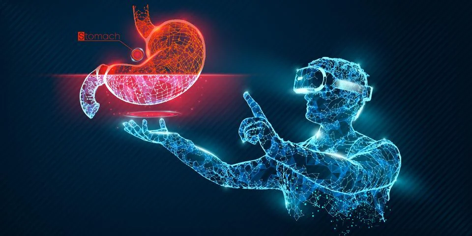 VR wireframe headset vector man with stomach Stock Illustration