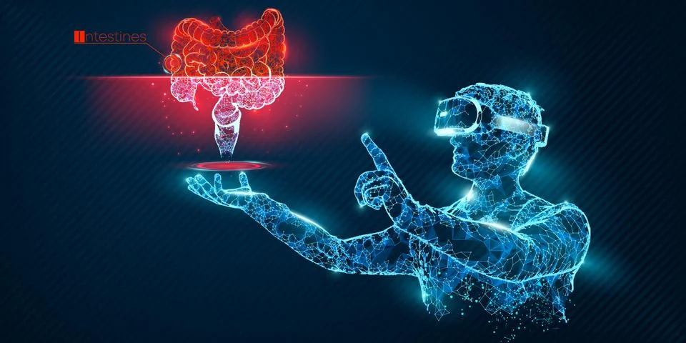 VR wireframe headset vector man with intestine Stock Illustration